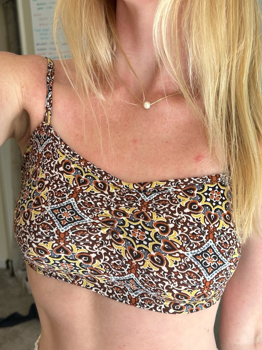 Printed Spaghetti Strap Crop Top - Brown Multi